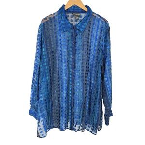 NOTATIONS WOMAN Sheer Burnout Button Up Shirt Blouse Size 2X Blue Career Fairy